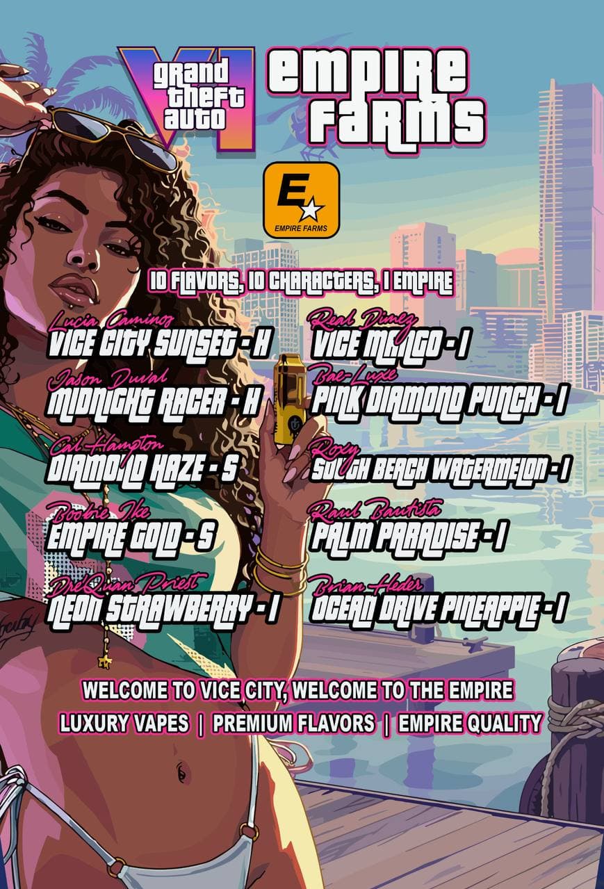 EMPIREWITDAFYA flavour board listing the ten core Empire Farms disposable flavours
